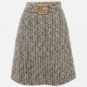 Gucci Black/White Tweed GG Logo Metal Detail Mini Skirt S