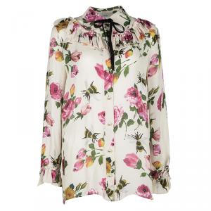 Gucci Beige Floral Print Silk Ruffle Detail Long Sleeve Blouse L