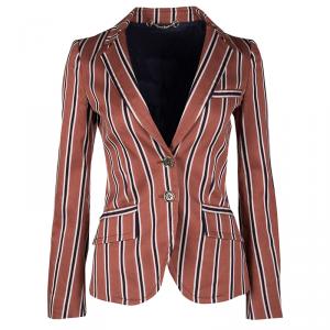 Pre Owned Gucci Rust Orange and Navy Blue Regimental Striped Cotton Palma Blazer S