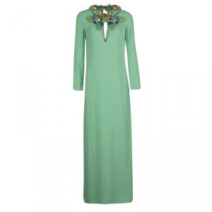 Gucci Mint Green Neck Embellished Long Sleeve Silk Maxi Dress M
