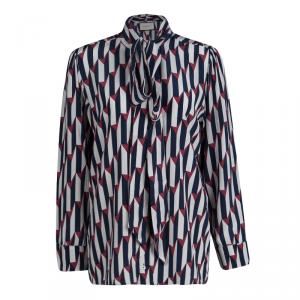Gucci Printed Silk Neck Tie Detail Long Sleeve Blouse M