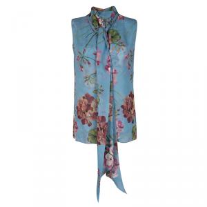 Gucci Blue Floral Printed Silk Tie Detail Sleeveless Top M