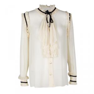 Gucci Cream Contrast Trim Ruffle Detail Long Sleeve Blouse M
