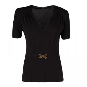 Gucci Black Knit Metal Logo Detail Short Sleeve Top L