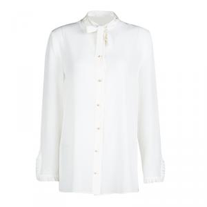 Gucci Off White Silk Pearl Logo Button Front Bow Tie Detail Blouse M