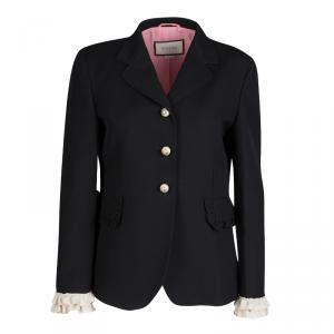 Gucci Black Silk Wool Ruffled Cuff Detail Blazer M