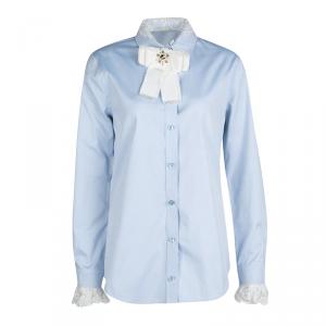 Gucci Blue Cotton Contrast Lace Trim Embellished Bow Detail Oxford Shirt M