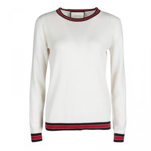 Gucci Cream Wool Lurex Web Trim Long Sleeve Crew Neck Sweater L