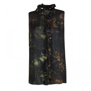 Gucci Black Floral Print Ruffle Detail Sleeveless Silk Blouse M