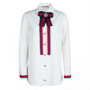 Gucci Magnolia White Cotton Poplin Sylvie Web Trim Brooch Detail Shirt M