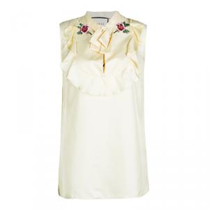 Gucci Cream Silk Floral Embroidered Bow Detail Sleeveless Blouse M
