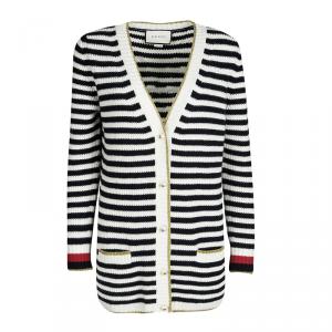 Gucci Monochrome Striped Lurex Trim Detail Cashmere and Wool Cardigan S