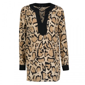 Gucci Beige Animal Printed Silk Contrast Trim Long Sleeve Blouse M