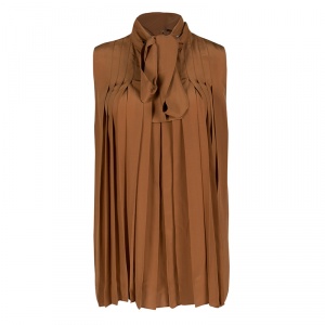 Gucci Tan Brown Pleated Silk Sleeveless Tie Front Top M