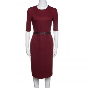 Gucci Red Wool Horsebit Buckle Detail Belted Short Sleeve Dress S