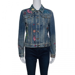 Pre Owned Gucci Blue Faded Effect Embroidered Denim Jacket M