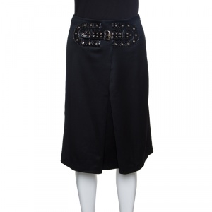 Pre Owned Gucci Black Wool Faux Belt Detail Inverted Pleat Front Skirt S