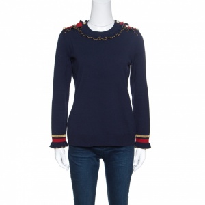 Gucci Navy Blue Wool Ruffled Lurex Trim Buttoned Shoulder Sweater M