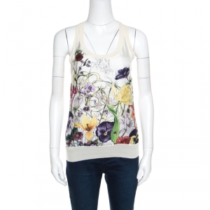 Gucci Beige Floral Printed Silk Rib Trim Sleeveless Top XS