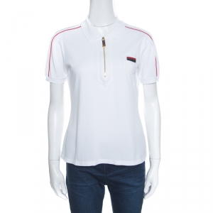Gucci White Cotton Pique Web Stripe Trim Zip Front Polo T Shirt M