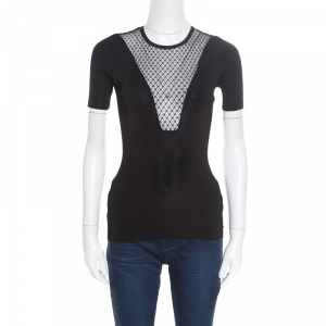 Gucci Black Mesh Insert Ribbed Knit Short Sleeve Top XS
