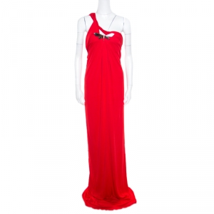 Gucci Red Crepe Knit Dragonfly Brooch Detail Draped One Shoulder Evening Gown L