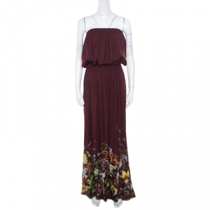 Gucci Burgundy Floral Printed Silk Tie Detail Strapless Maxi Dress M