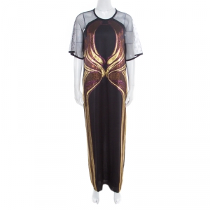 Gucci Black Metallic Silk Jacquard Mesh Sleeve Detail Maxi Dress L