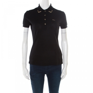 Gucci Black Honeycomb Knit Metal Tipped Collar Polo T-Shirt XS
