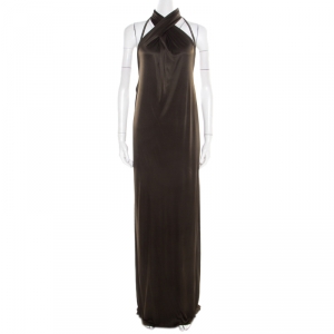 Gucci Olive Green Embellished Halter Backless Gown M