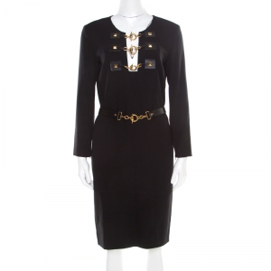 Gucci Black Wool Toggle Detail Long Sleeve Belted Dress M
