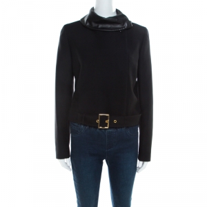 Pre Owned Gucci Black Wool Leather Collar Detail Double Breasted Jacket M