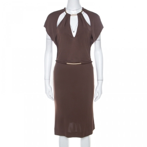 Gucci Walnut Brown Crepe Knit Cut Out Choker Neck Sheath Dress M