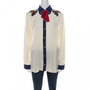 Gucci Cream Crepe Silk Bee Applique Detail Button Down Bow Tie Shirt L