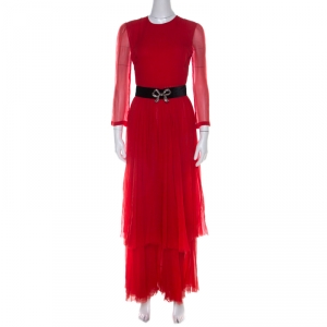 Gucci Red Silk Chiffon Embellished Belt Detail Long Sleeve Cocktail Dress M 