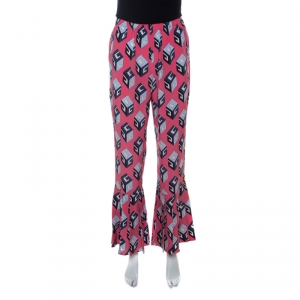 Gucci Pink Cube Print Silk Pleated Flare Hem Trousers S