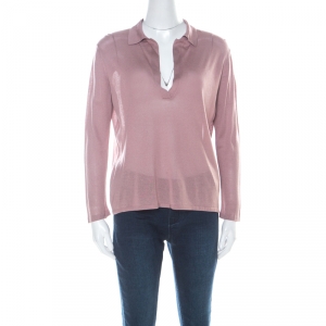 Gucci Lilac Purple Silk Knit Collared Long Sleeve Top L 