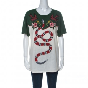 Gucci Off White and Green Cotton Snake Stud Detail Embroidered T-Shirt L