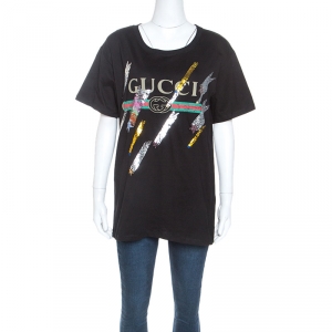 Gucci Black Logo Printed Cotton Embellished Detail T-shirt S
