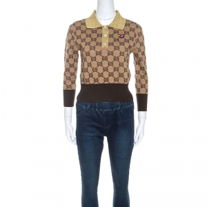 Pre Owned Gucci Beige Monogram Pattern Metallic Knit Collar Sweater S