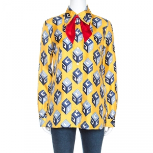Gucci Yellow GG Wallpaper Printed Silk Bow Tie Detail Shirt M