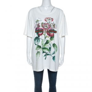 Gucci White Floral Logo Printed Cotton T-Shirt L