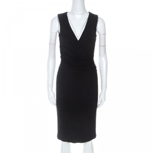 Gucci Black Crepe Ruched Detail V Neck Midi Dress S