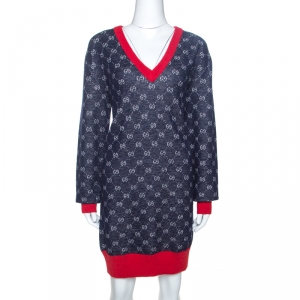 Gucci Bicolor Logo Patterned Knit Contrast Trim Sweater Dress S