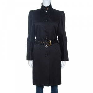 Pre Owned Gucci Black Jacquard Cotton Blend Belted Trench Coat M