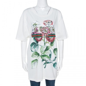 Gucci White Floral Logo Print Cotton Crew Neck T-Shirt L