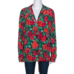 Gucci Multicolor Floral Printed Silk Embellished Pearl Detail Blouse M