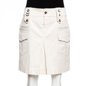 Gucci Ecru Garbadine Navy Badge Embellished Detail Mini Skirt M