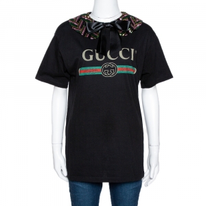 Gucci Black Logo Print Cotton Sequin Embellished Collar T-Shirt XS