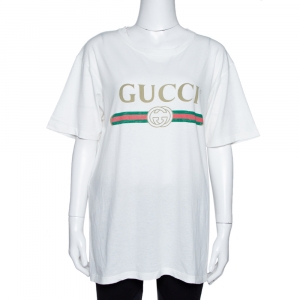 Gucci White Vintage Logo Print Cotton Worn Effect Oversized T-Shirt S